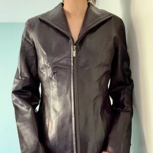 Cole Haan Eggplant Wing Collar Leather Jacket with Burgundy Stitching